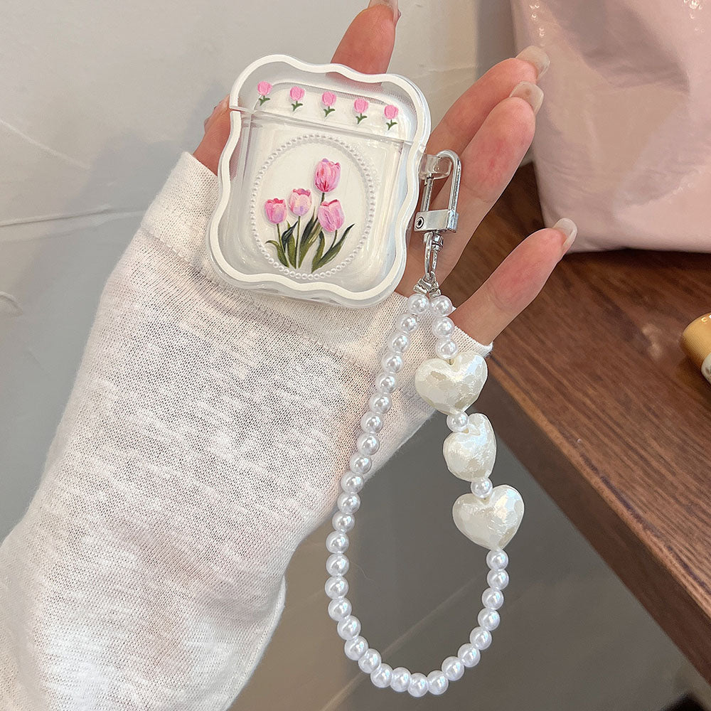 Pink tulip & pearl airpod case - airpod - case - airpods - ear bud - earbuds