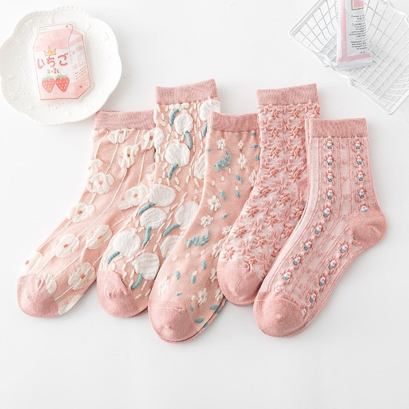 Pink Vintage Floral Sock Set - angelcore, angelic, angels, faecore, fairycore Kawaii Babe