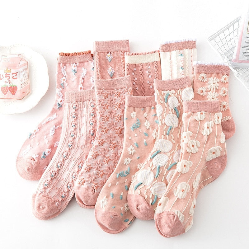 Pink Vintage Floral Sock Set - angelcore, angelic, angels, faecore, fairycore Kawaii Babe