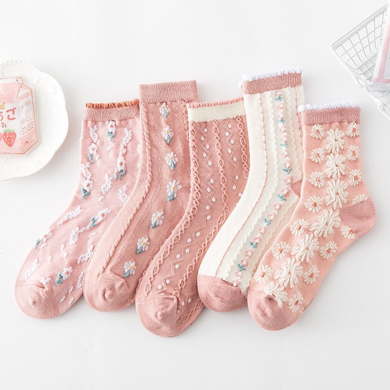Pink Vintage Floral Sock Set - angelcore, angelic, angels, faecore, fairycore Kawaii Babe