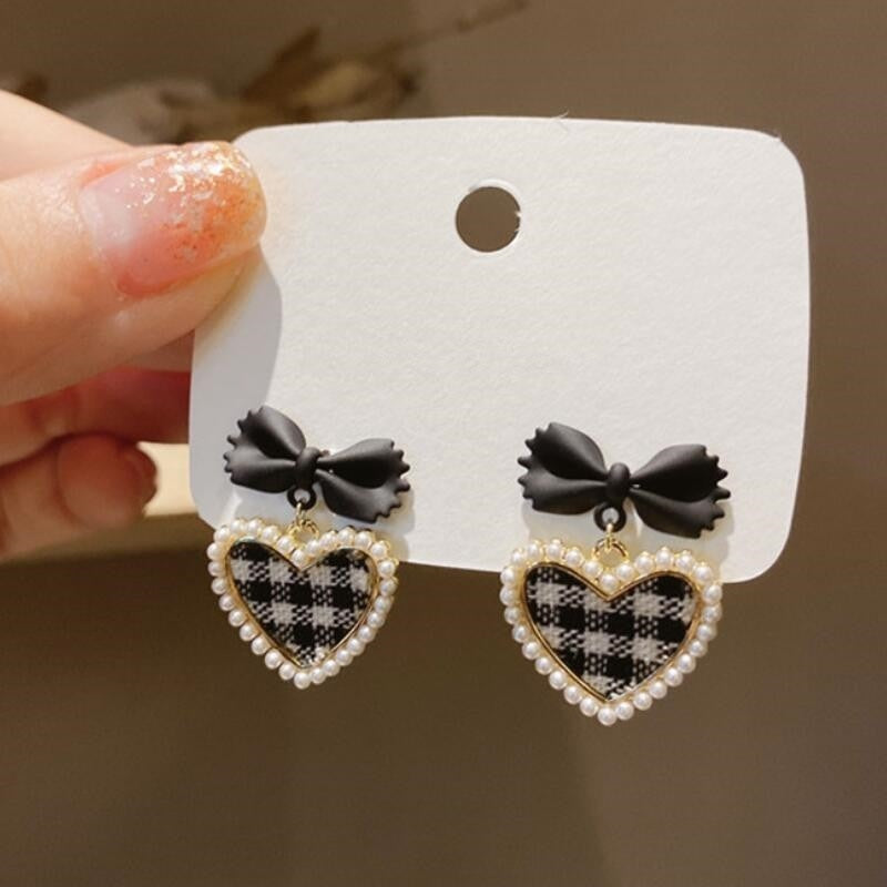 Plaid Heart Drop Earrings - earrings