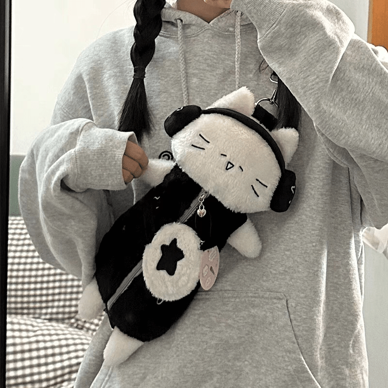 Plush Ribbit Cat with earphone Crossbody Bag