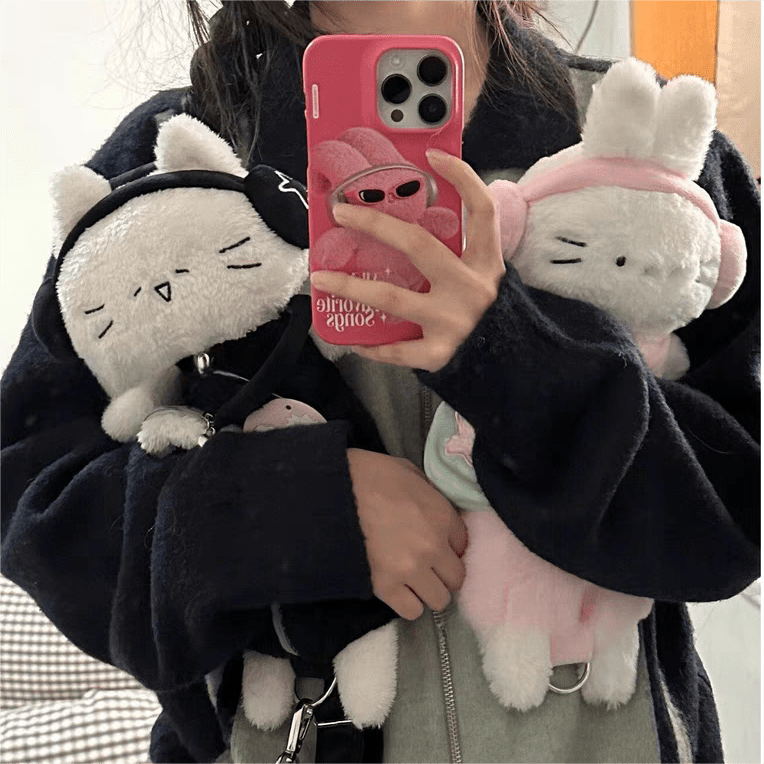 Plush Ribbit Cat with earphone Crossbody Bag