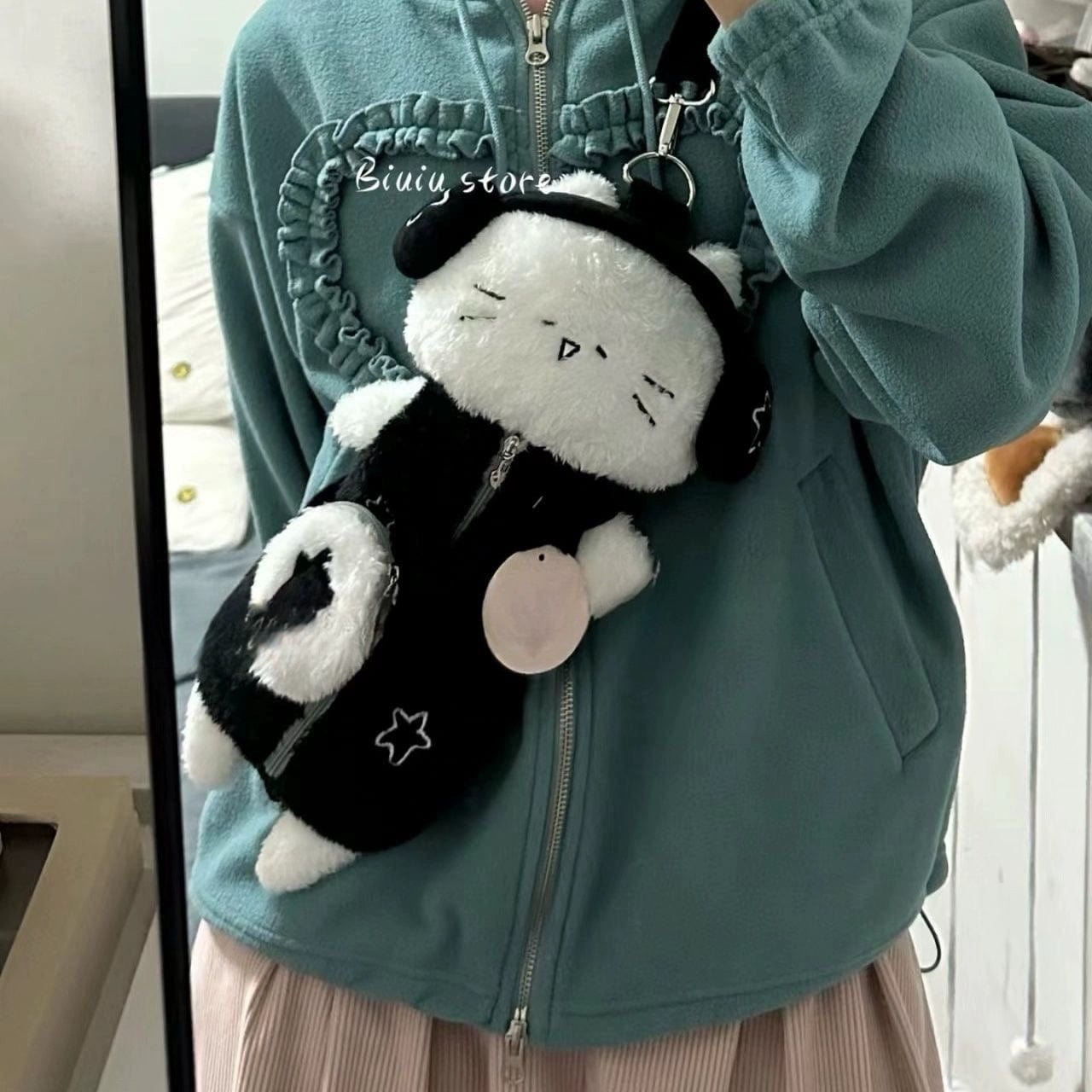 Plush Ribbit Cat with earphone Crossbody Bag