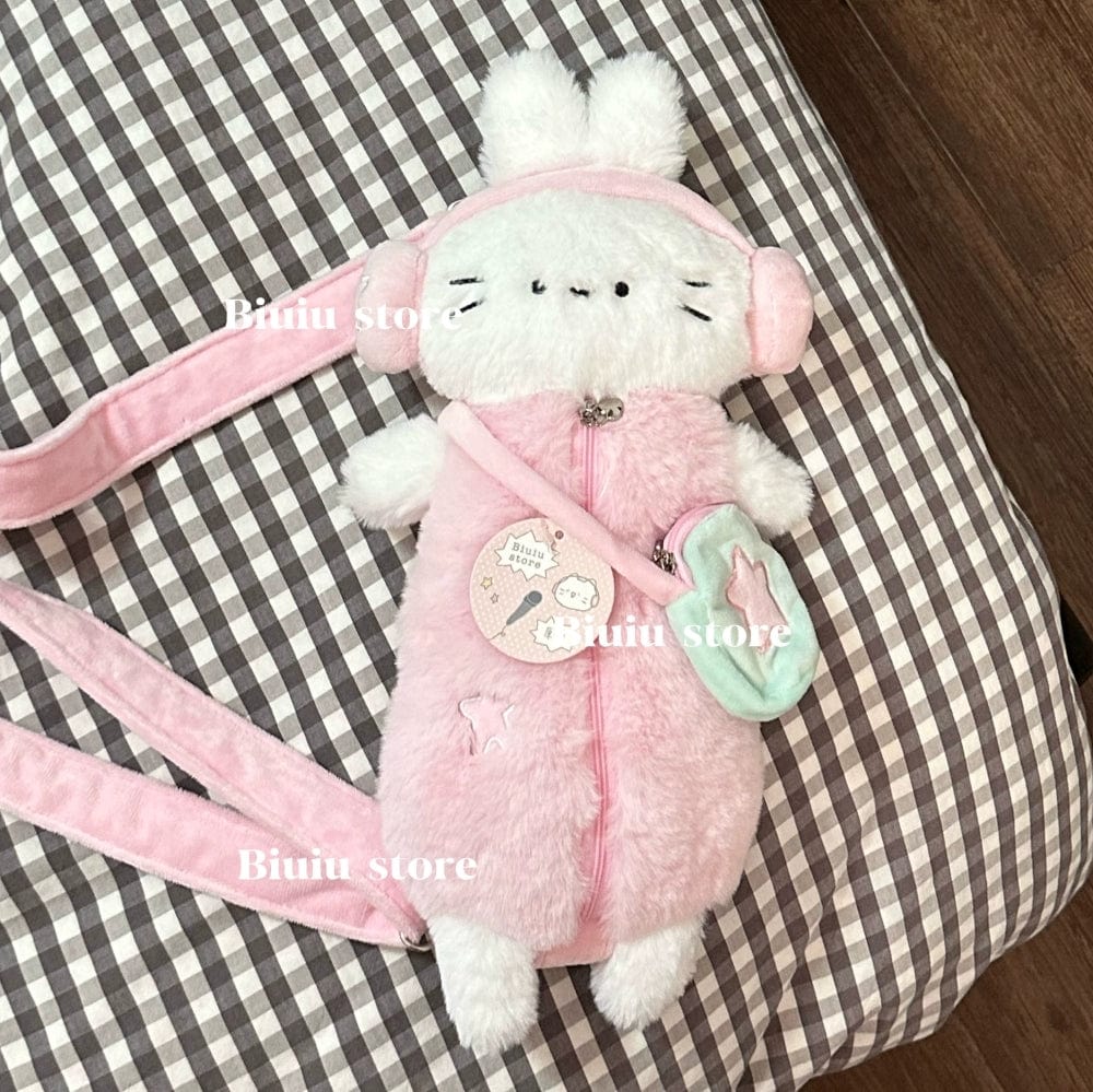 Plush Ribbit Cat with earphone Crossbody Bag