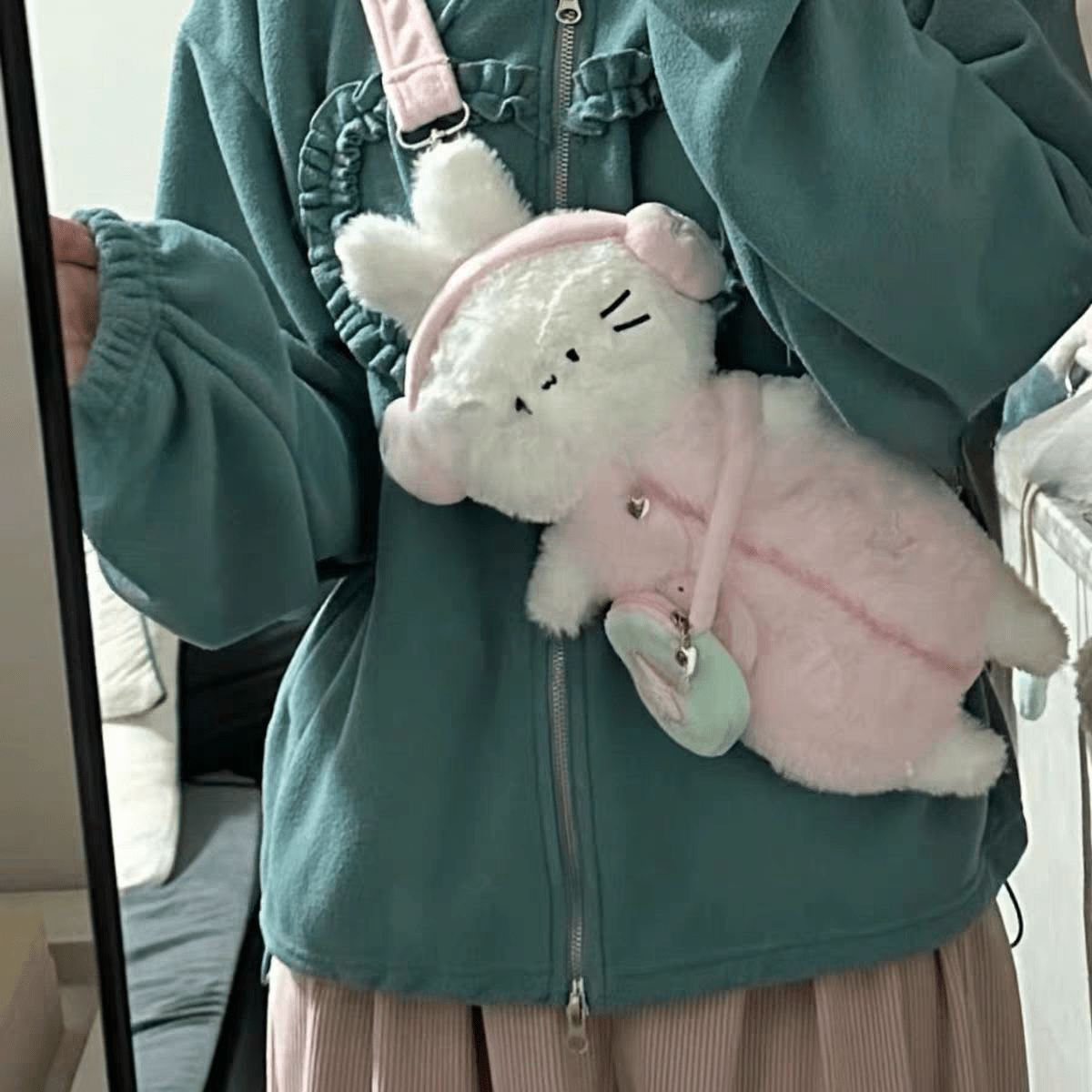 Plush Ribbit Cat with earphone Crossbody Bag