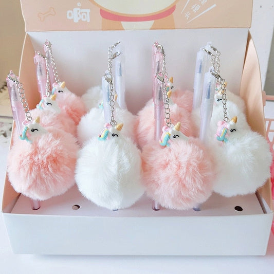 Plush Unicorn Pompom Pens - fairy-kei, pastelcore, pen, stationary, unicorn Kawaii Babe