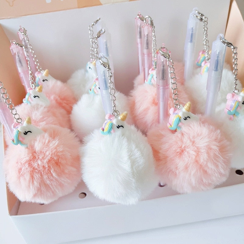 Plush Unicorn Pompom Pens - fairy-kei, pastelcore, pen, stationary, unicorn Kawaii Babe