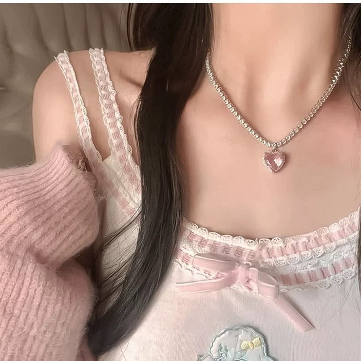 Pretty pink princess necklaces - chain - choker - dollette - fairycore - hearts