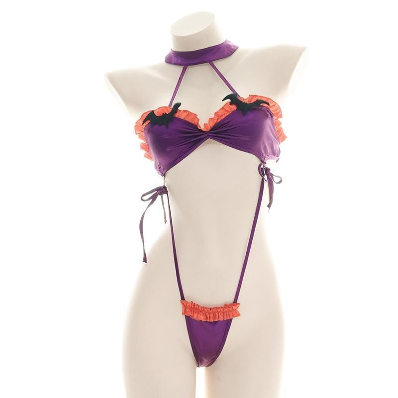 Ruffled Bat Halloween Monokini Set - bat, bats, bib, choker, collar