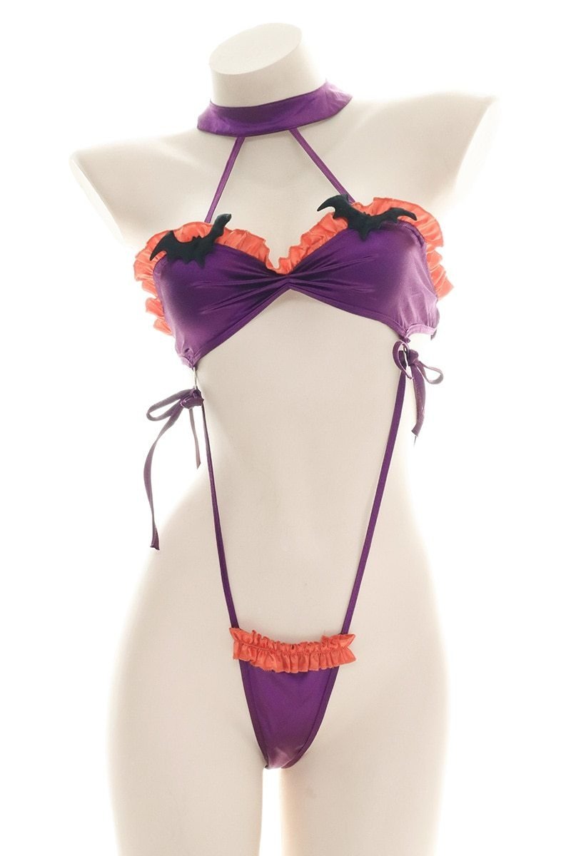 Ruffled Bat Halloween Monokini Set - bat, bats, bib, choker, collar