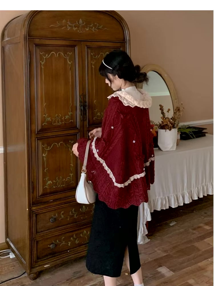 Ruffled doily red cape - cape - cardigan - coat - doily - kawaii