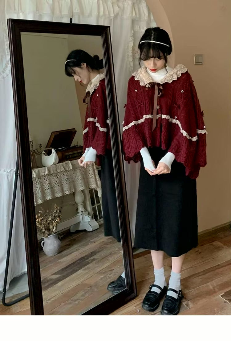 Ruffled doily red cape - cape - cardigan - coat - doily - kawaii