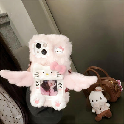 Coque iPhone avec cadre photo en peluche Kawaii avec des ailes de chat