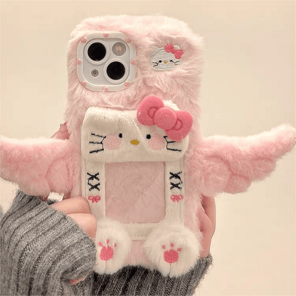 Coque iPhone avec cadre photo en peluche Kawaii avec des ailes de chat