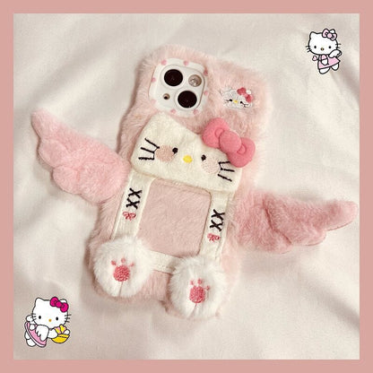 Coque iPhone avec cadre photo en peluche Kawaii avec des ailes de chat