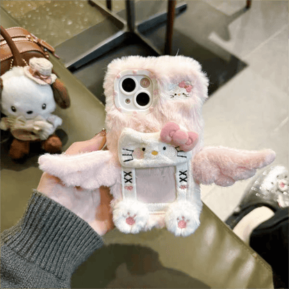 Coque iPhone avec cadre photo en peluche Kawaii avec des ailes de chat