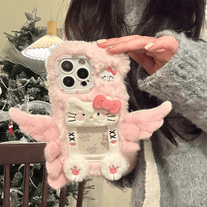 Coque iPhone avec cadre photo en peluche Kawaii avec des ailes de chat