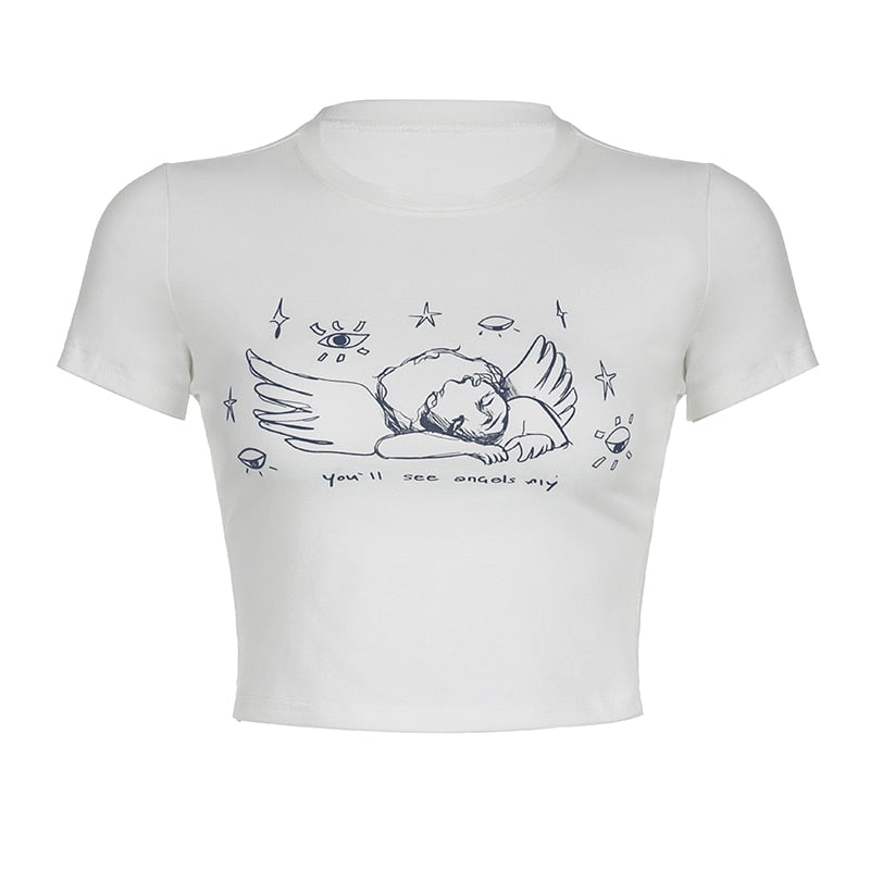 Sleepy Angel Tee - angelcore, angelic, belly shirt, coquette, crop top Kawaii Babe