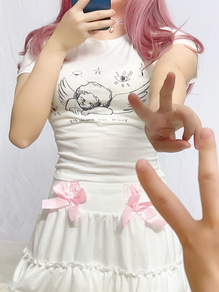 Sleepy Angel Tee - angelcore, angelic, belly shirt, coquette, crop top Kawaii Babe