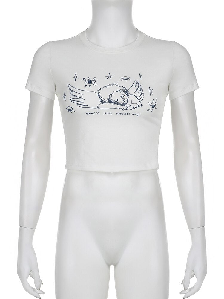 Sleepy Angel Tee - angelcore, angelic, belly shirt, coquette, crop top Kawaii Babe