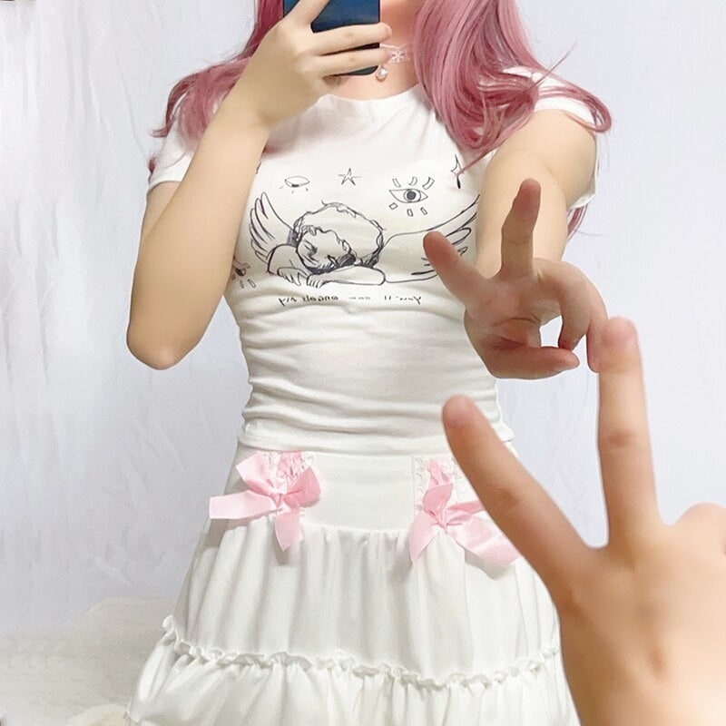 Sleepy Angel Tee - angelcore, angelic, belly shirt, coquette, crop top Kawaii Babe
