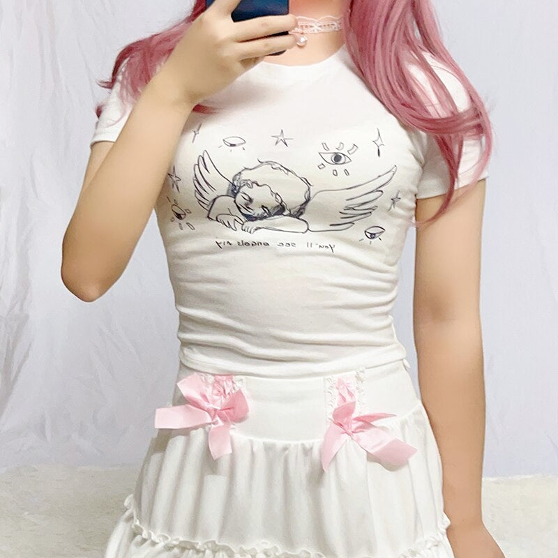 Sleepy Angel Tee - angelcore, angelic, belly shirt, coquette, crop top Kawaii Babe