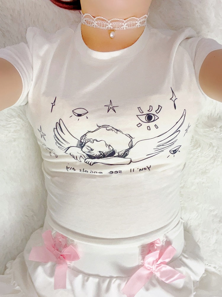 Sleepy Angel Tee - angelcore, angelic, belly shirt, coquette, crop top Kawaii Babe