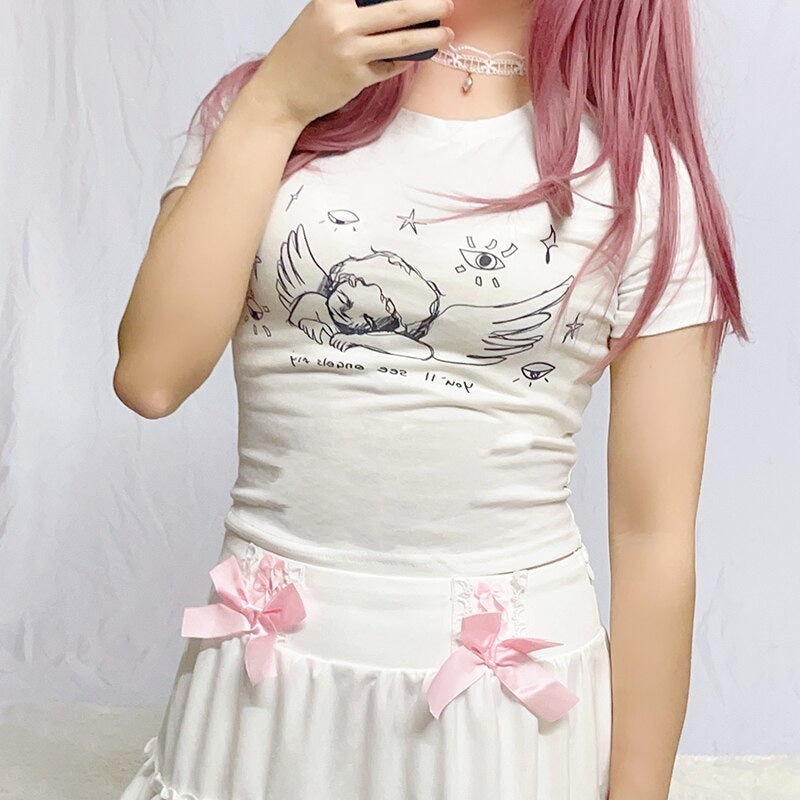 Sleepy Angel Tee - angelcore, angelic, belly shirt, coquette, crop top Kawaii Babe