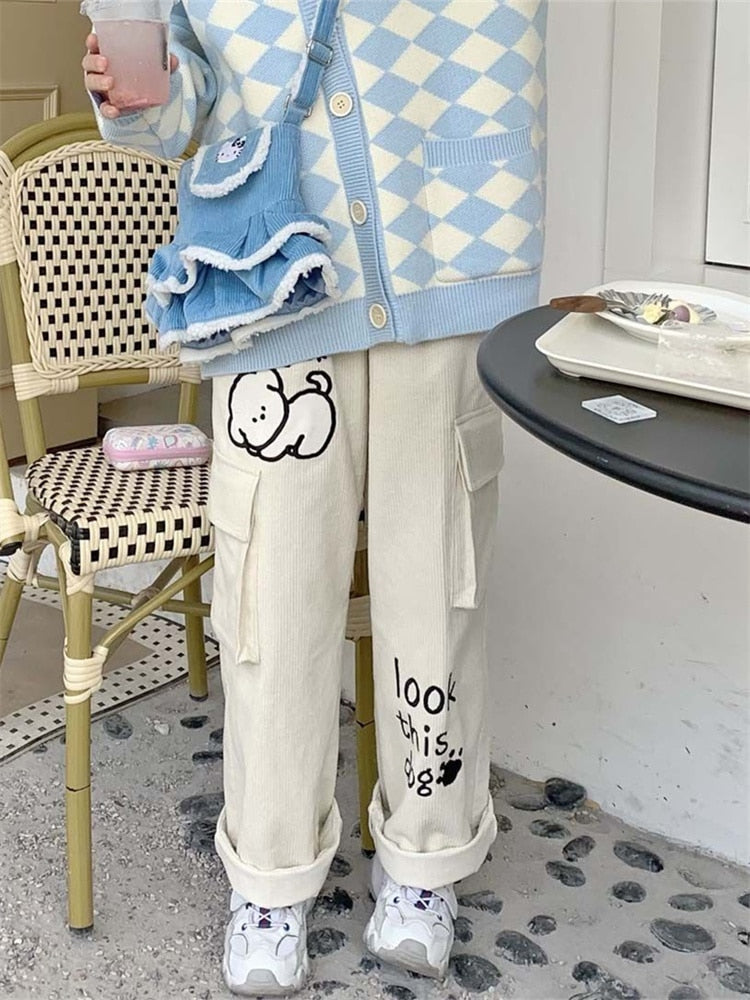 Sleepy puppy corduroy cargo pants - cargo - cords - corduroy - kawaii - pants