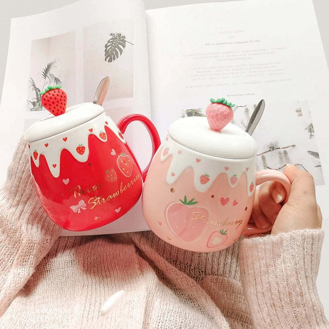 Strawberry Dessert Mugs - cups, mug, mugs, strawberry, strawberry cups Kawaii Babe