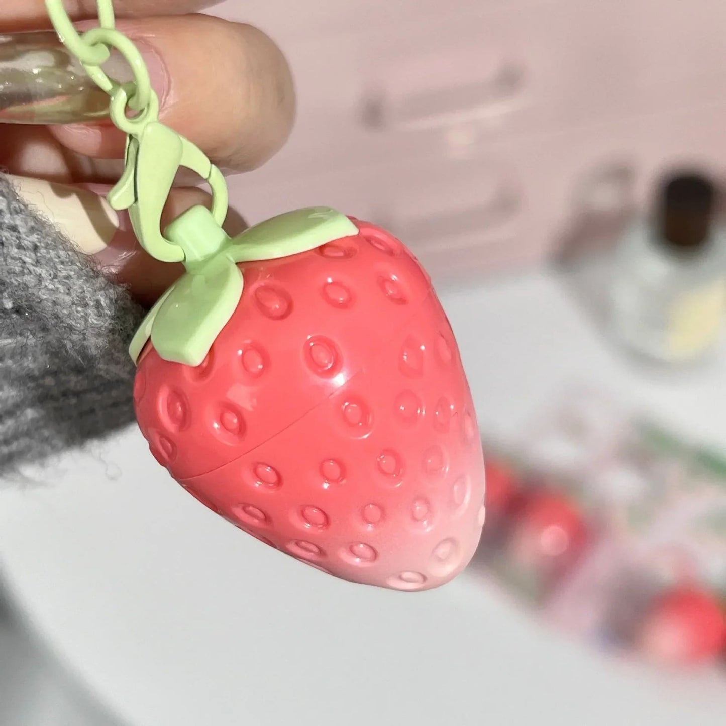 Kawaii strawberry keychain fruit moisturizing lip balm