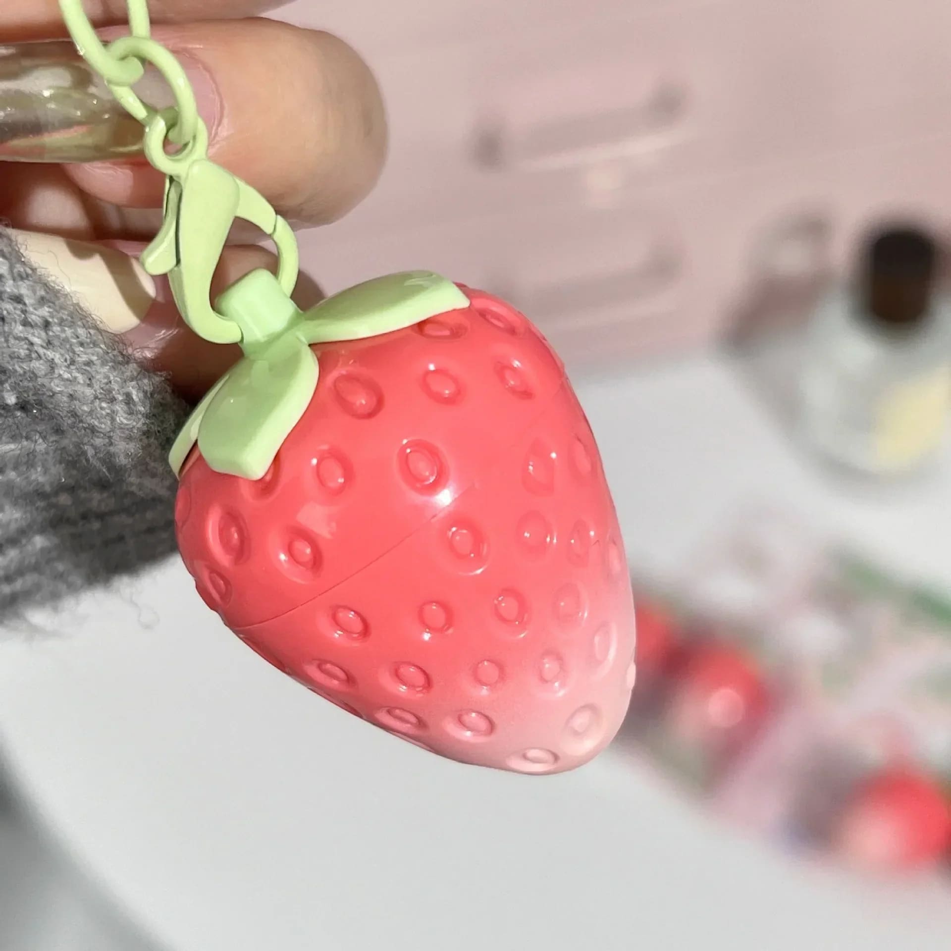 Kawaii strawberry keychain fruit moisturizing lip balm