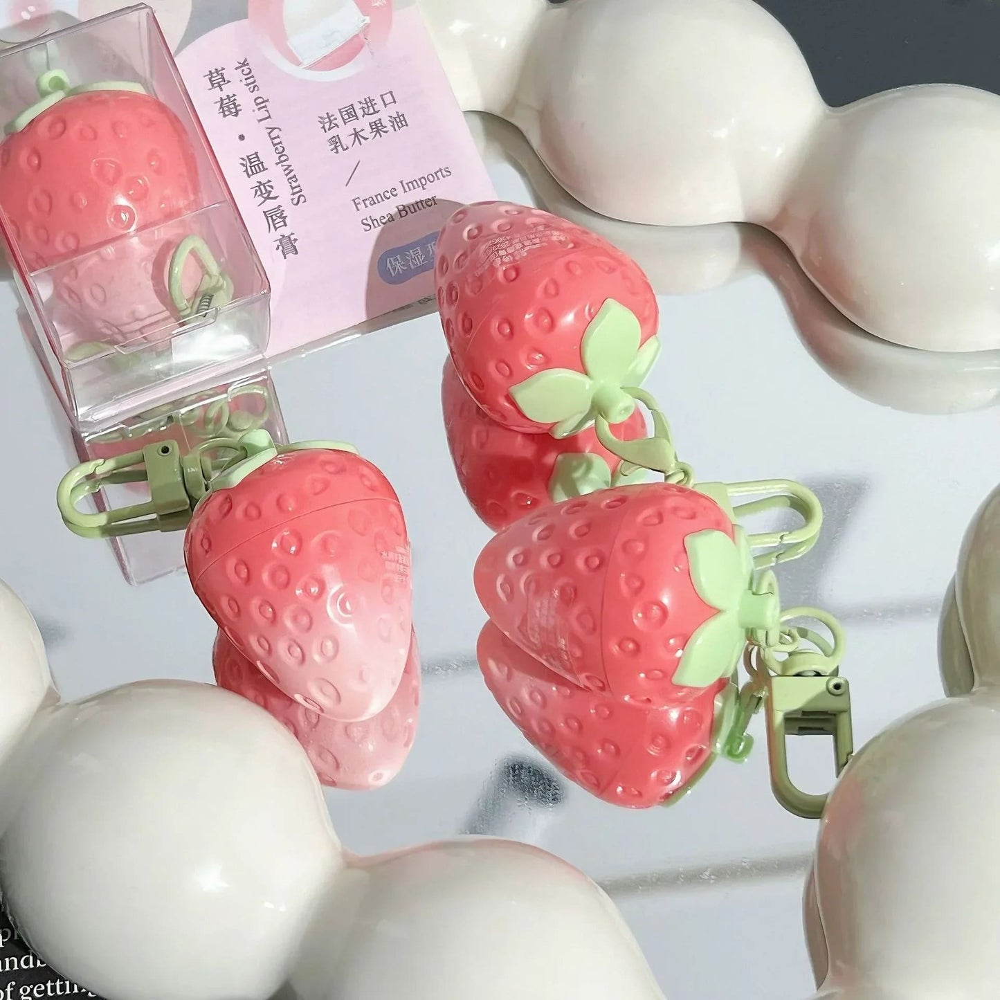 Kawaii strawberry keychain fruit moisturizing lip balm