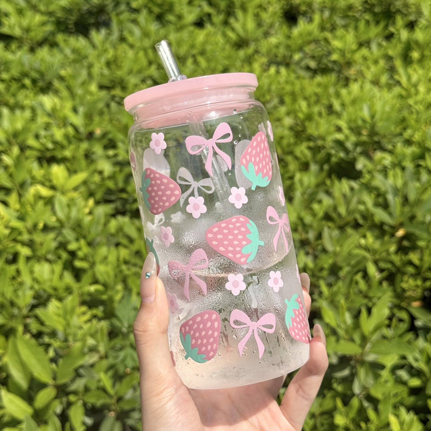 Kawaii strawberry and ribbon bows plastic water bottle tumbler and straw
