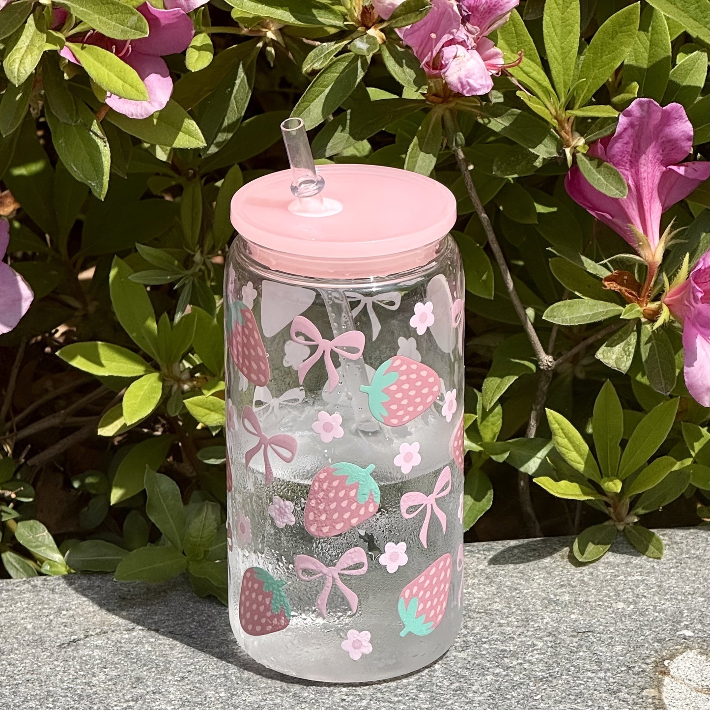 Kawaii strawberry and ribbon bows plastic water bottle tumbler and straw