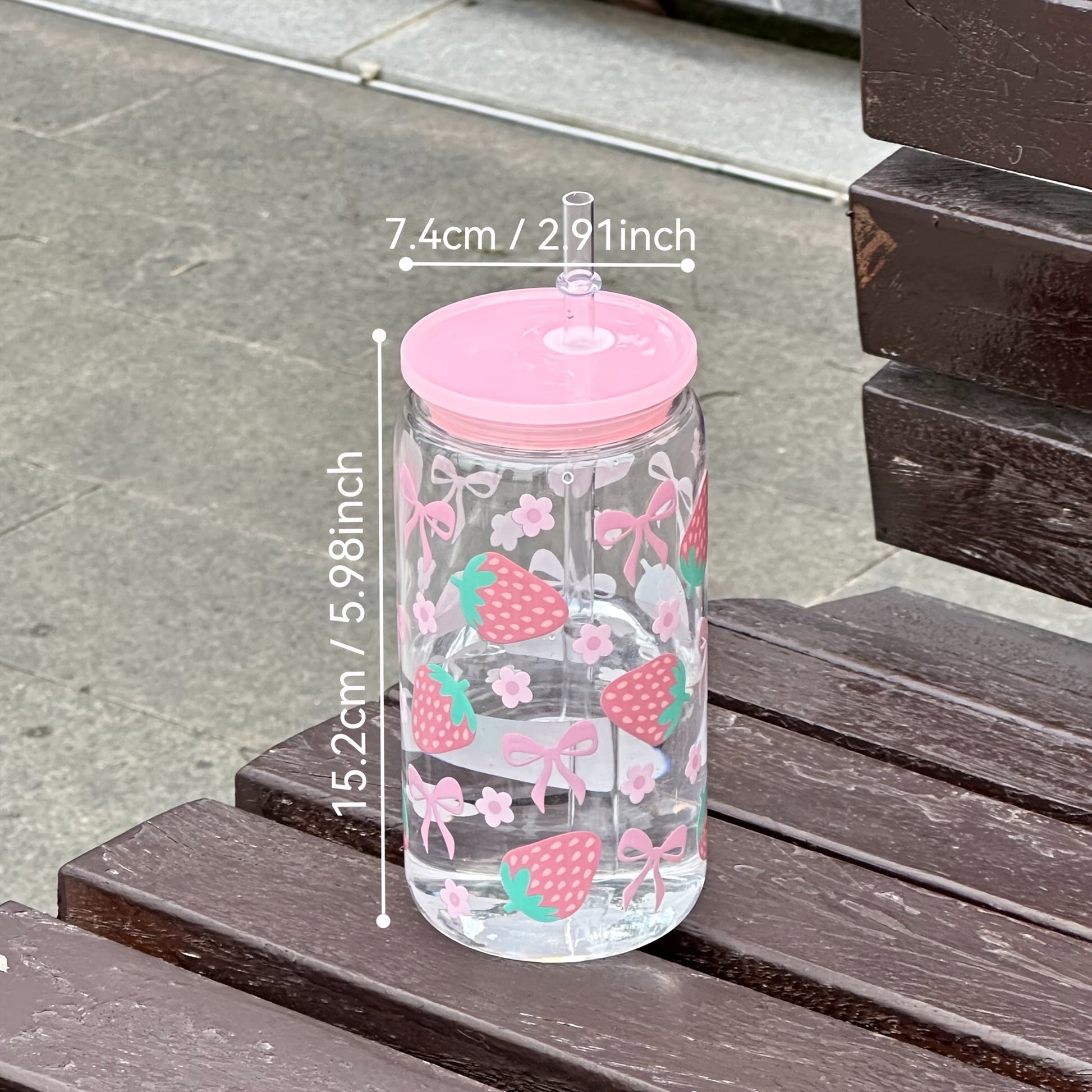 Kawaii strawberry and ribbon bows plastic water bottle tumbler and straw