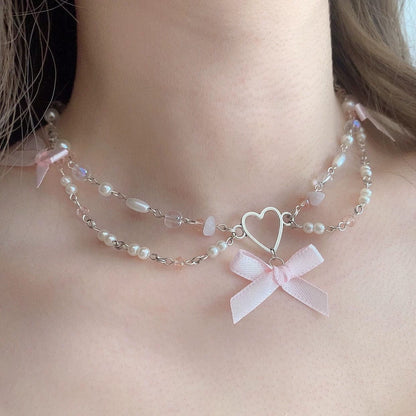 Sweet Bowknot Heart Charm Pearl Chain Necklace