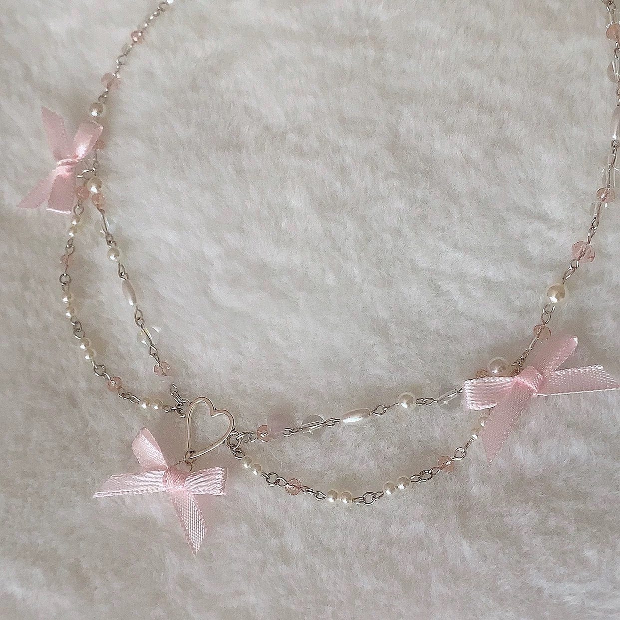 Sweet Bowknot Heart Charm Pearl Chain Necklace