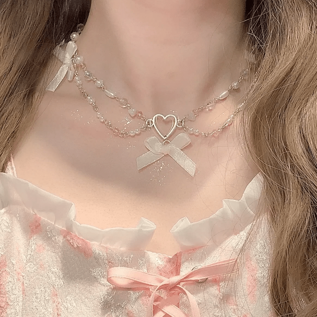 Sweet Bowknot Heart Charm Pearl Chain Necklace