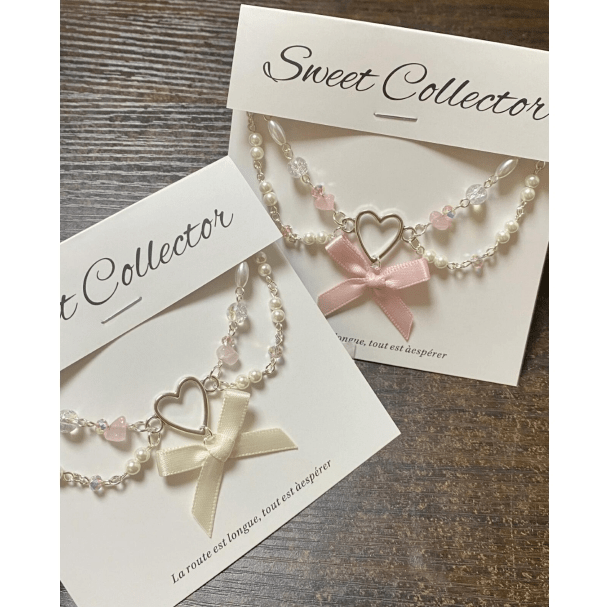 Sweet Bowknot Heart Charm Pearl Chain Necklace