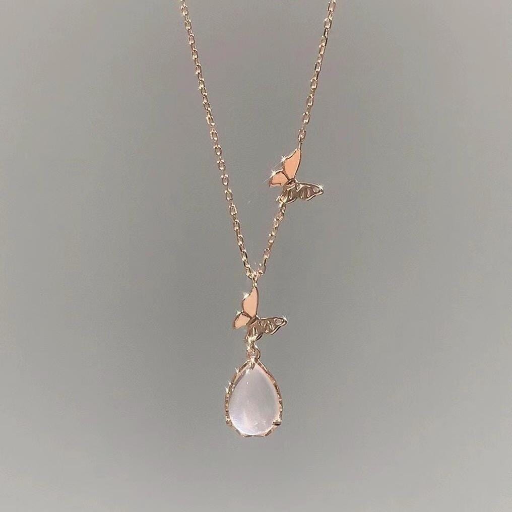 Sweet Pink Crystal Pendant Butterfly Necklace