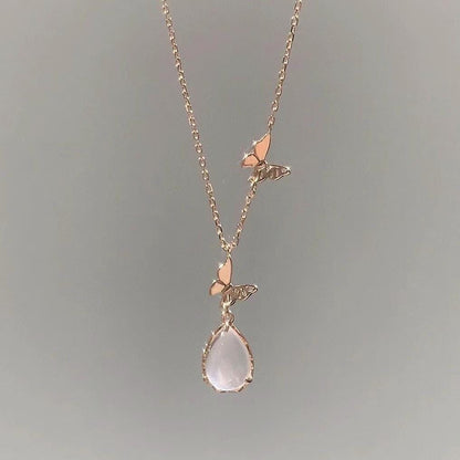 Sweet Pink Crystal Pendant Butterfly Necklace