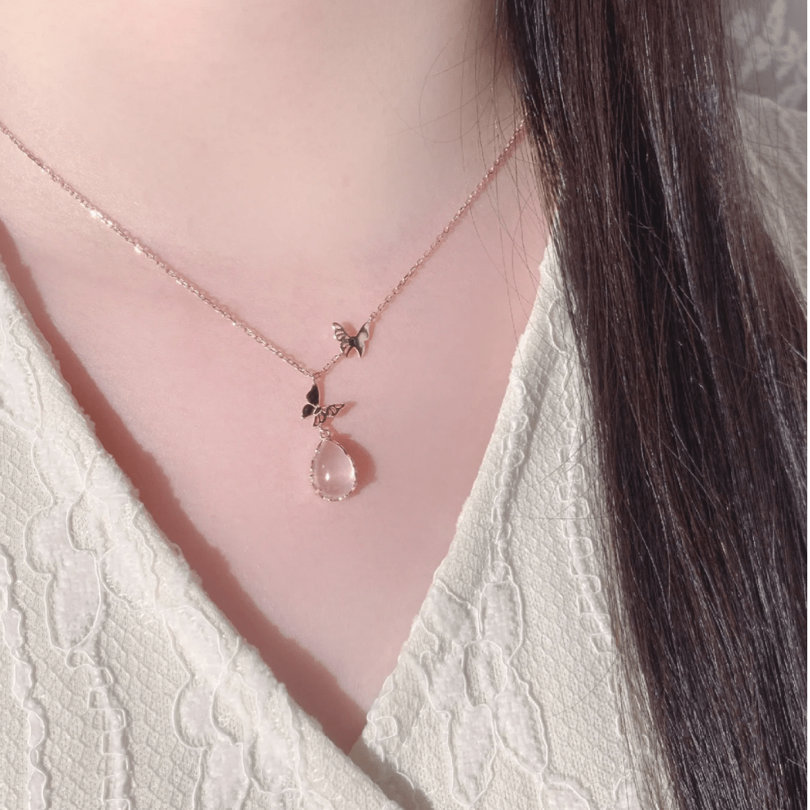 Sweet Pink Crystal Pendant Butterfly Necklace