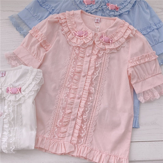Sweet ruffled candy blouse - bows - kawaii - lace - ruffled - ruffles