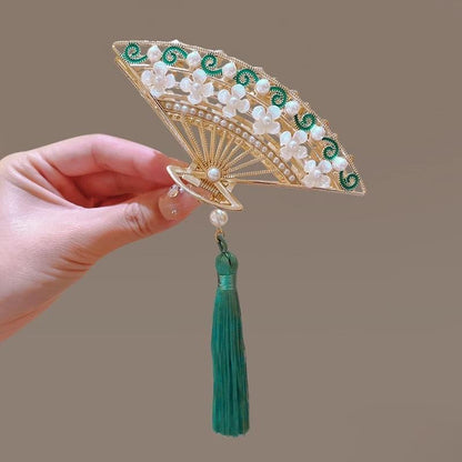 Temperament Flower Pearl Tassel Fan Shaped Hair Claw