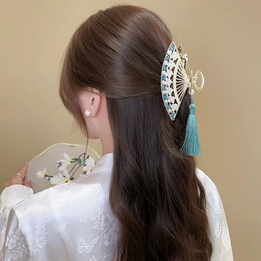 Temperament Flower Pearl Tassel Fan Shaped Hair Claw