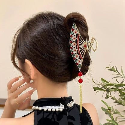 Temperament Flower Pearl Tassel Fan Shaped Hair Claw