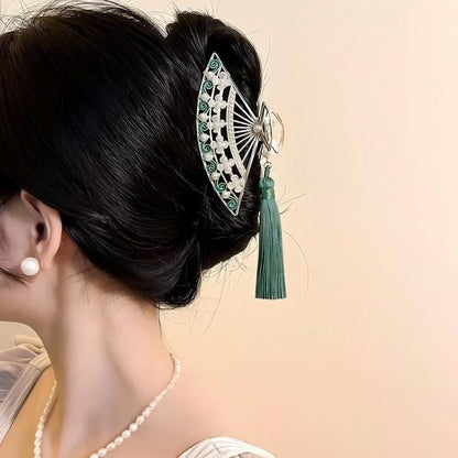 Temperament Flower Pearl Tassel Fan Shaped Hair Claw