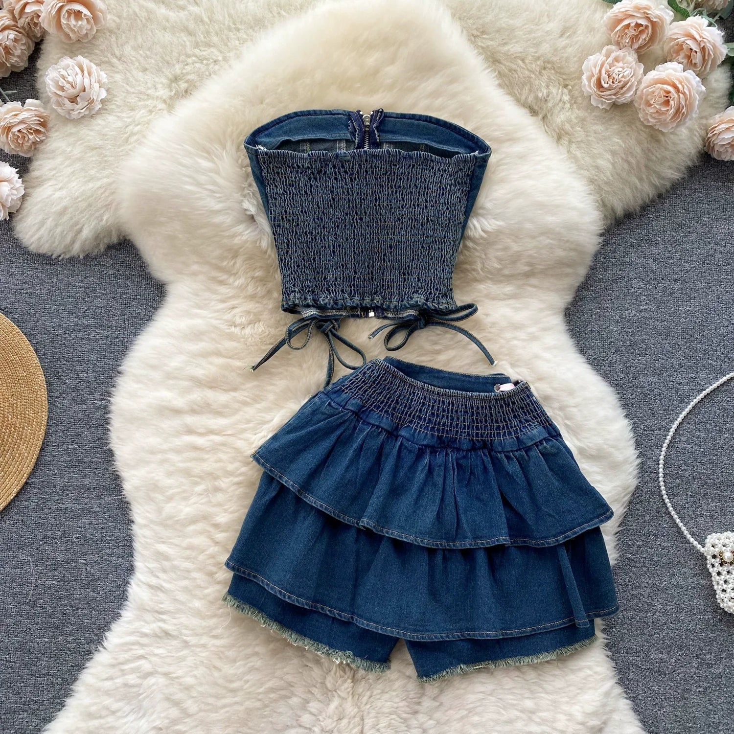 Tiny denim dancer outfit set - bows - corset - denim - jeans - kawaii